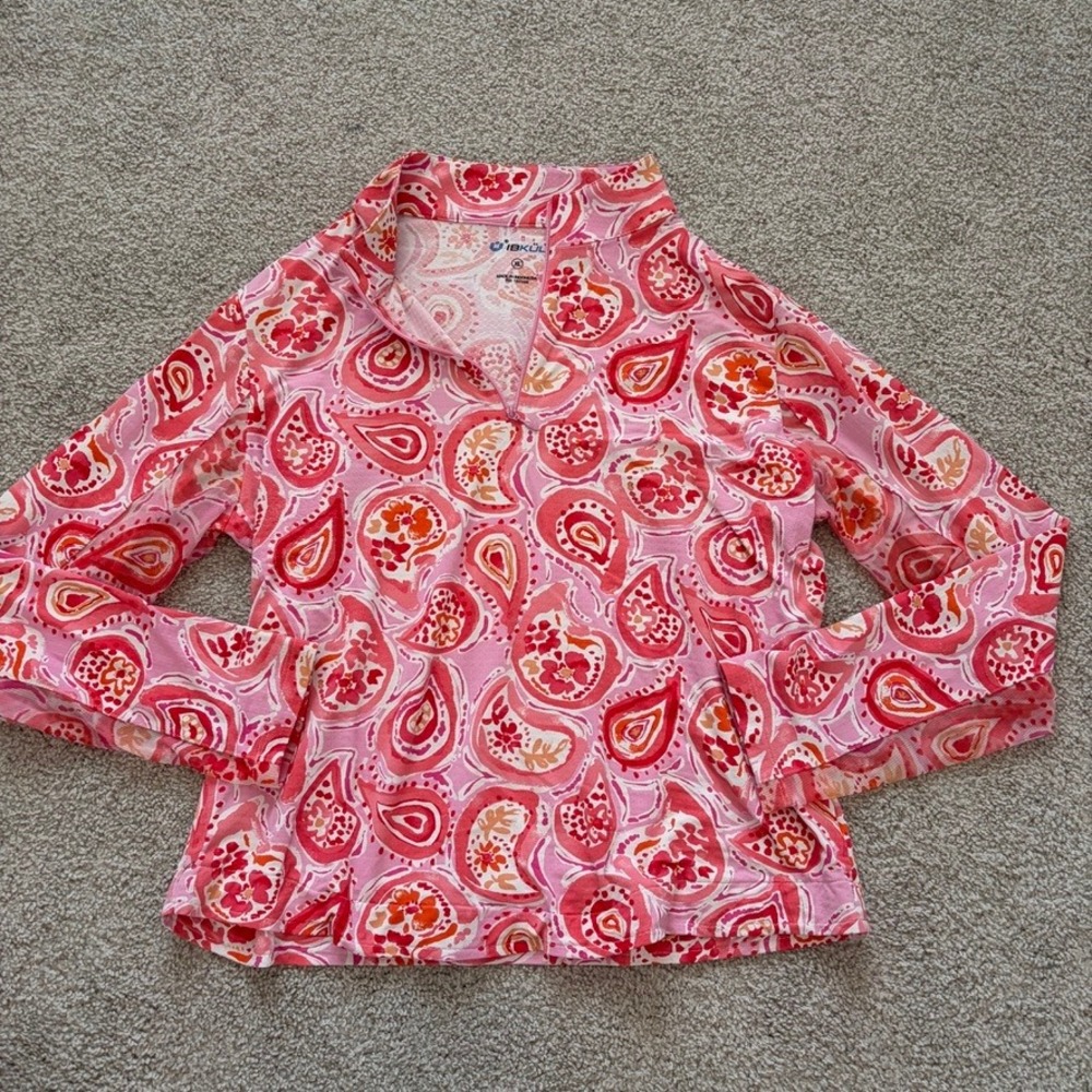 IBKUL Quarter Zip Top Womens XL Pink Paisley Preppy Golf Athletic Lightweight